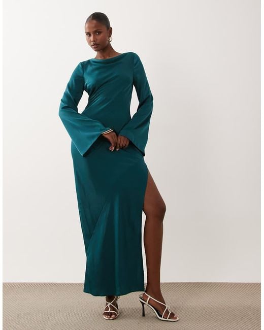ASOS Blue Satin Maxi Dress With Fluted Sleeves