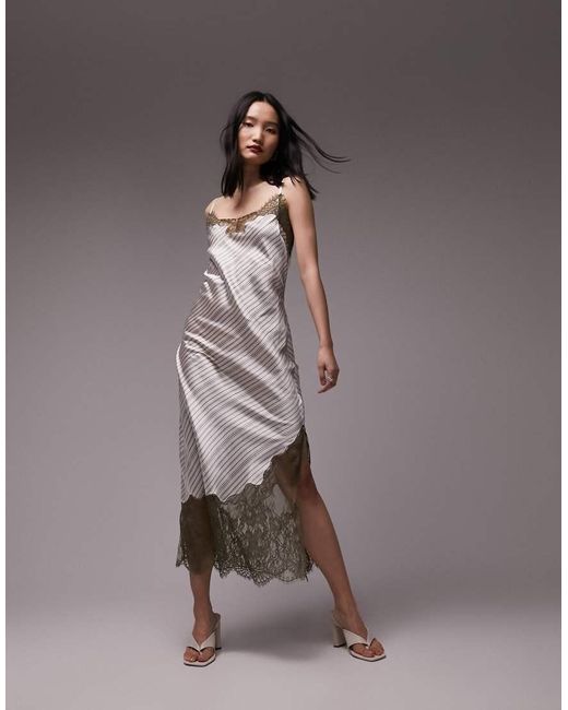 Vestido Lencero Midi A Rayas Con Encaje En Contraste De TOPSHOP de color Brown
