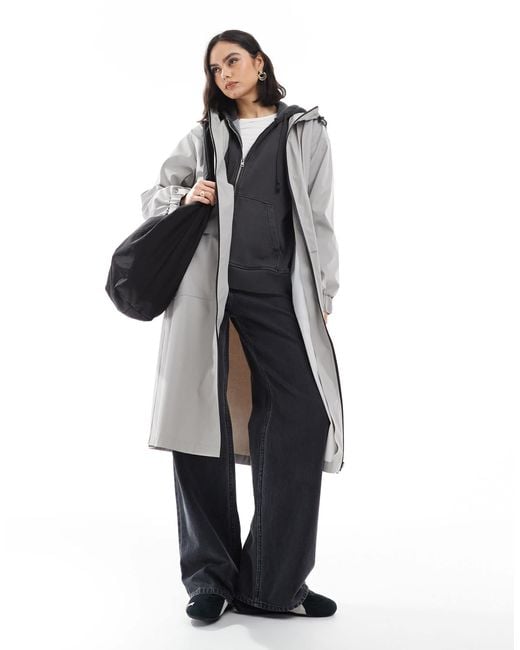 ASOS Gray Longline Rain Coat With Contrast Trims