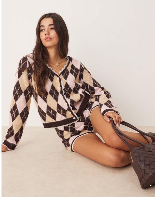 Miss Selfridge Brown Argyle Cardigan With Lace Trim Co-Ord