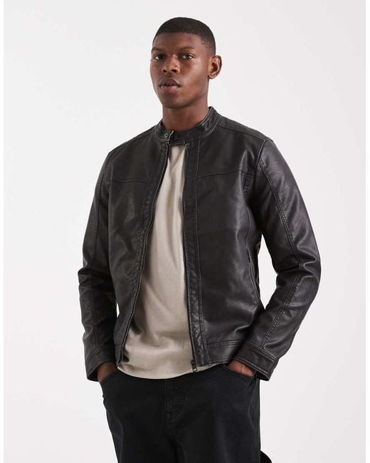 Jack & Jones Black Washed Faux Leather Racer Jacket for men