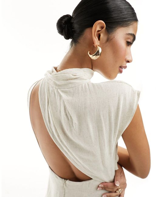 ASOS White Linen High Neck Grown On Sleeve Midi Dress With Open Back And Button Neck Detail