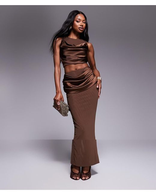 Wanderdoll Brown Cole Ruched Mesh Top With Satin Drape Detail And Maxi Skirt Set