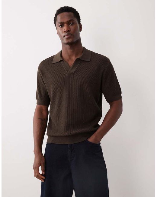 Mango Brown 100% Cotton Knitted Revere Neck Short Sleeve Sweater for men