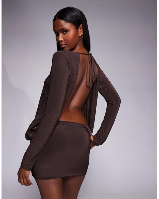 Fashionkilla Exclusive Double Sculpted Slinky Long Sleeve Fold Over Waist  Detail Open Tie Back Mini Dress in Brown | Lyst