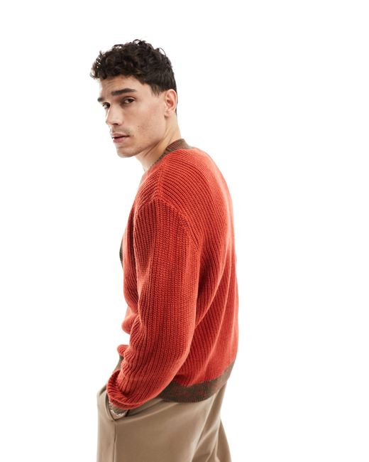ASOS Red Relaxed Knitted Cardigan With Contrast Detailing for men