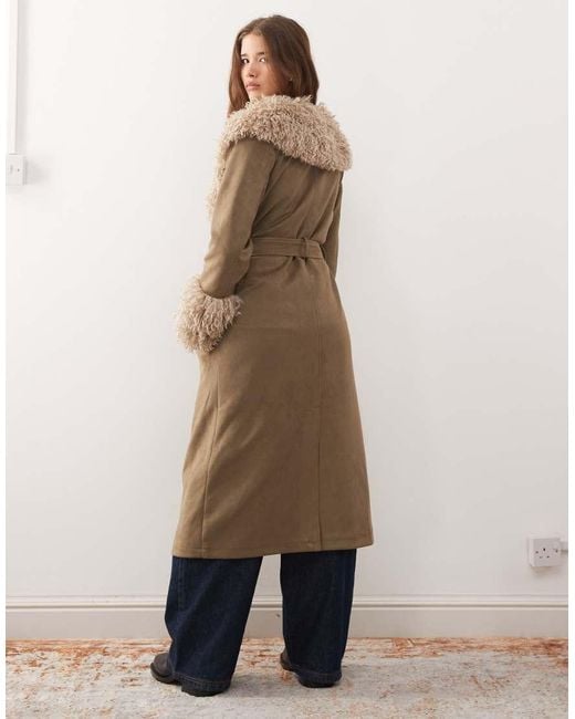 Reclaimed Vintage Brown Longline Suede Look Trench Coat With Faux Fur Collar And Cuffs