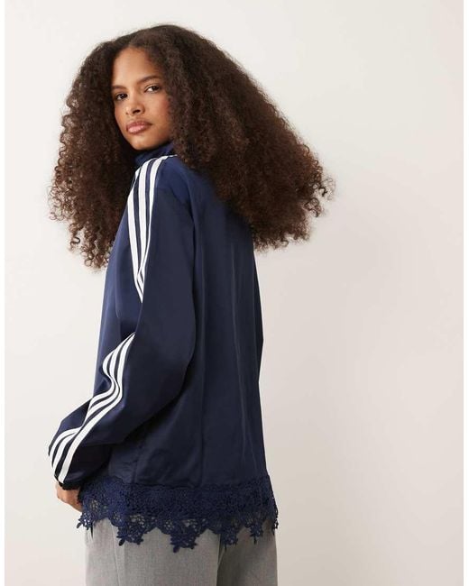 Adidas Originals Blue Satin Firebird Track Top With Lace Hem
