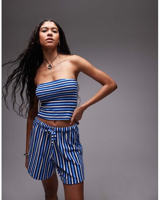 TOPSHOP Blue Towelling Stripe Bandeau Co-ord