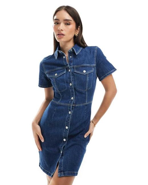 Pimkie Blue Denim Cinched Waist Button Through Mini Dress