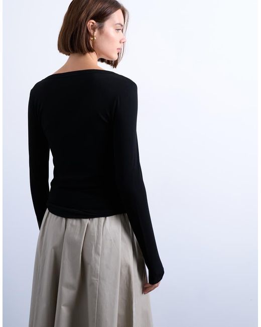 TOPSHOP Black Premium Rib Long Sleeve Wide Scoop Neck Top