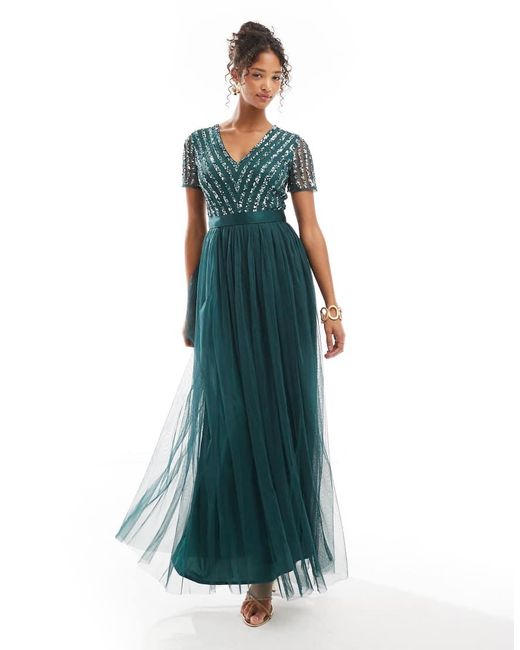 Maya Blue Belted Stripe Embellished Bridesmaid Maxi Dress