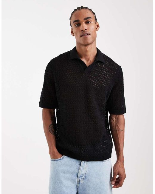 Only & Sons Open Gebreide Polo Met Split in het Black voor heren
