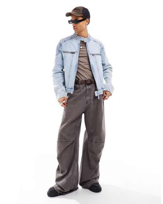 Giacca di jeans senza colletto lavaggio medio con pannelli di ASOS in Blue da Uomo