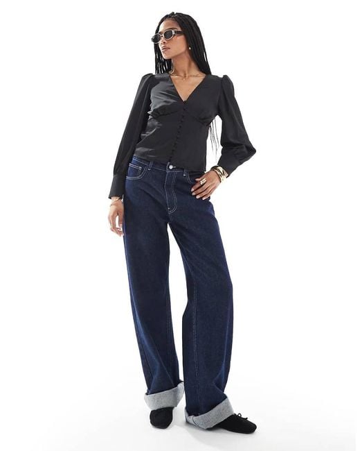 Glamorous Blue V-Neck Button Front Blouse