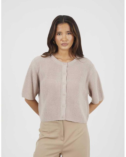 Brave Soul Natural Short Sleeve Crew Neck Fisherman Knit Cardigan