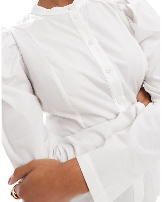 Miss Selfridge White Puff Sleeve Cinched Waist Poplin Shirt