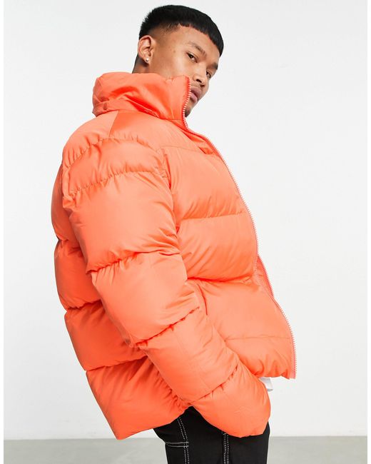 ASOS Synthetic Puffer Jacket With Detachable Hood in Orange for Men Lyst