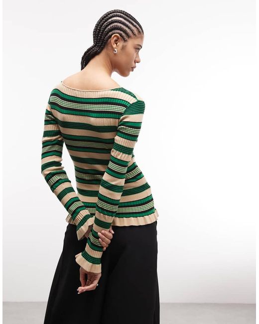 & Other Stories Green Long Sleeve Lightweight Knitted Top With Frill Edge