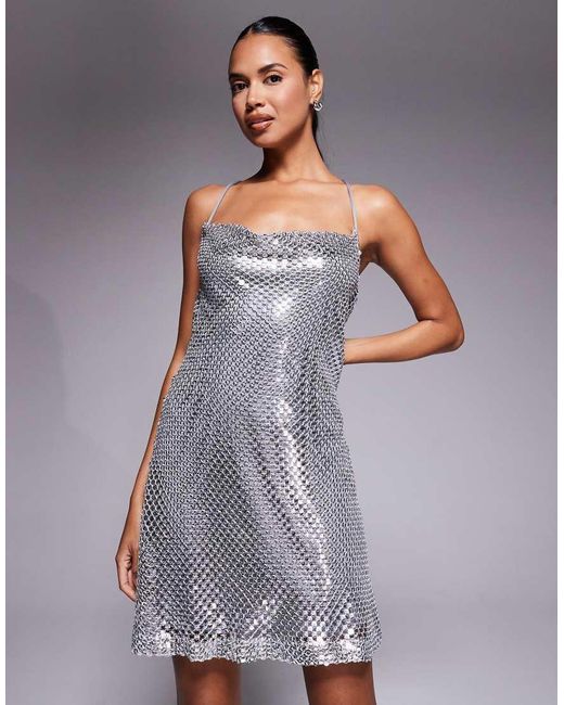 River Island Gray Sequin Cowl Neck Mini Dress
