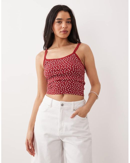 Miss Selfridge Red Ditsy Print Ruffle Trim Cami Top
