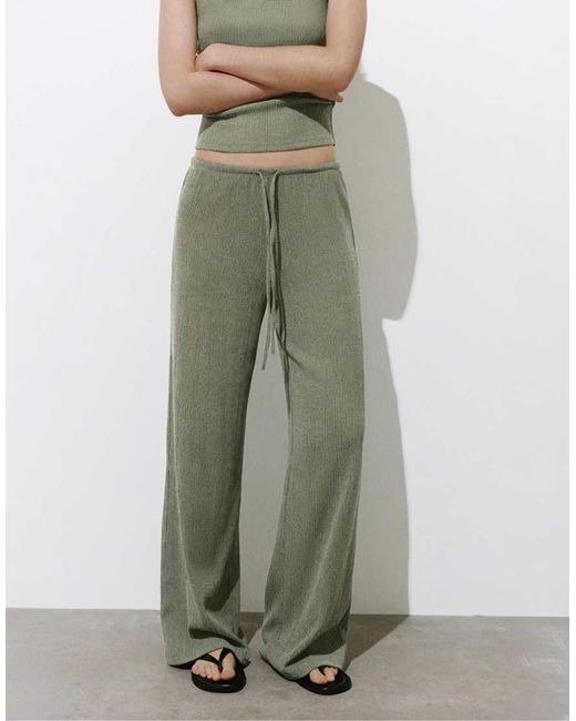 Pull&Bear Green Wide-leg Crepe Trousers