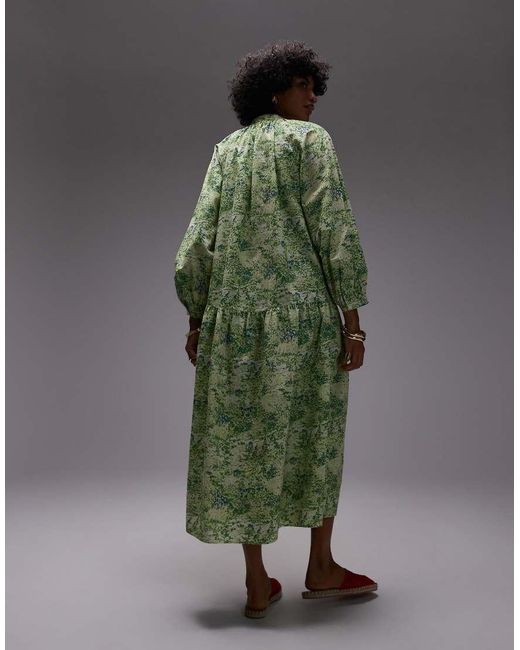 ARKET Green Pure Cotton Smock Midaxi Dress With Drop Waist