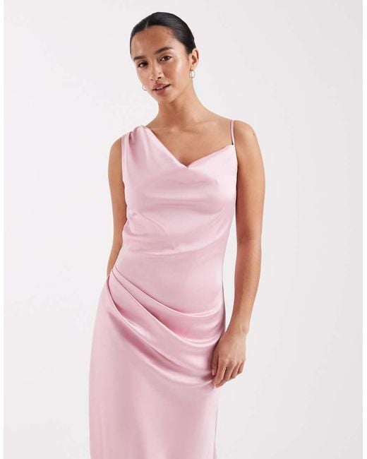 TFNC London Pink Bridesmaids Satin One Shoulder Maxi Dress
