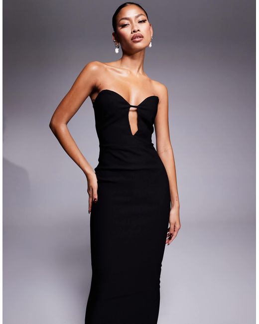Vesper Black Bengaline Sweetheart Neckline Midaxi Dress With Cutout