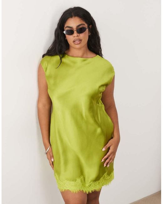 ASOS Yellow Asos Design Curve Slash Neck Satin Mini Dress With Lace Hem
