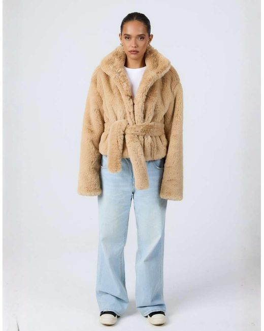 Aria Cove Gray Faux Fur Funnel Neck Belted Jacket