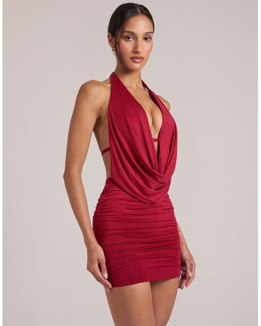 Oh Polly Red Draped Cowl Halter Neck Ruched Skirt Mini Dress