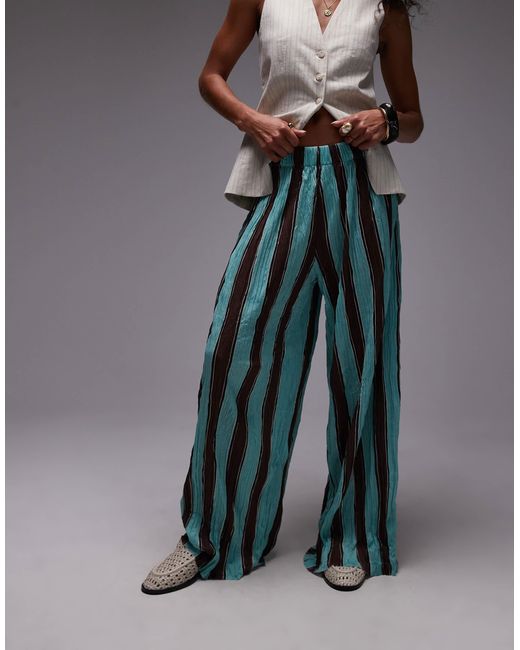 TOPSHOP Gray Stripe Crinkle Wide Leg Trousers
