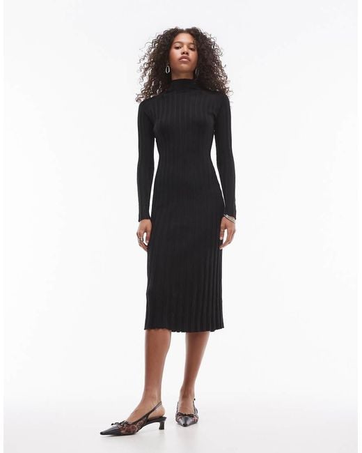 Mango Hoogsluitende Geribbelde Midi-Jurk Met Lange Mouwen in het Black