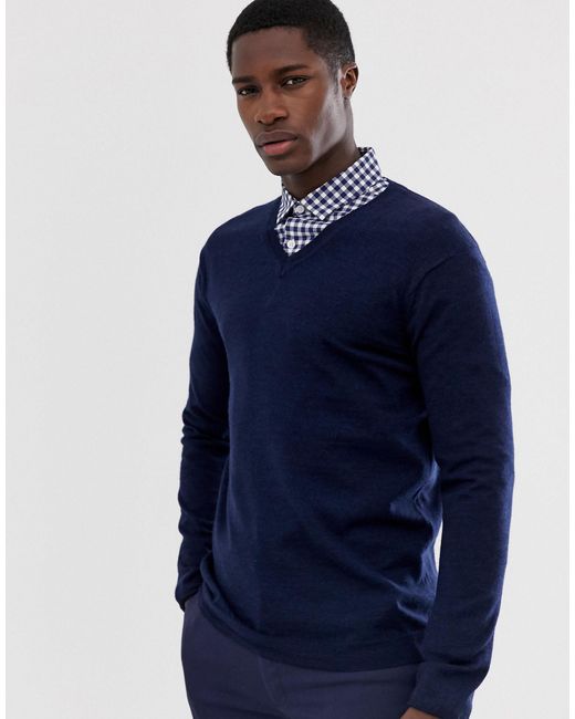 ASOS Merino Wool V-neck Jumper in Navy (Blue) for Men - Lyst