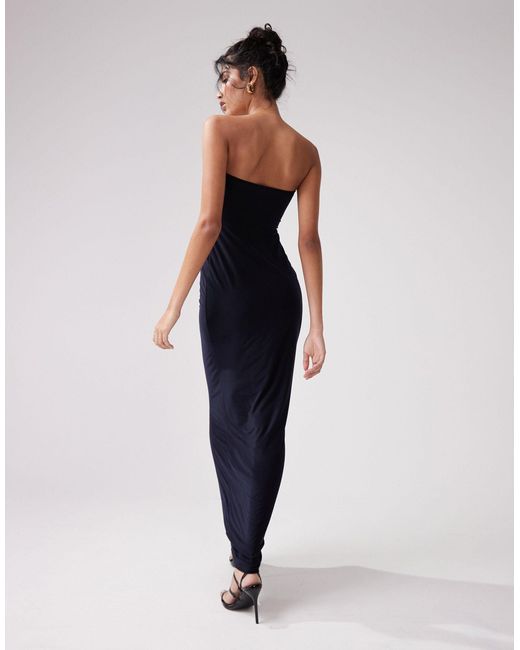 ASOS Blue Drape Twist Front Bandeau With Rouleaux Strapping And Invisible Mesh Maxi Dress