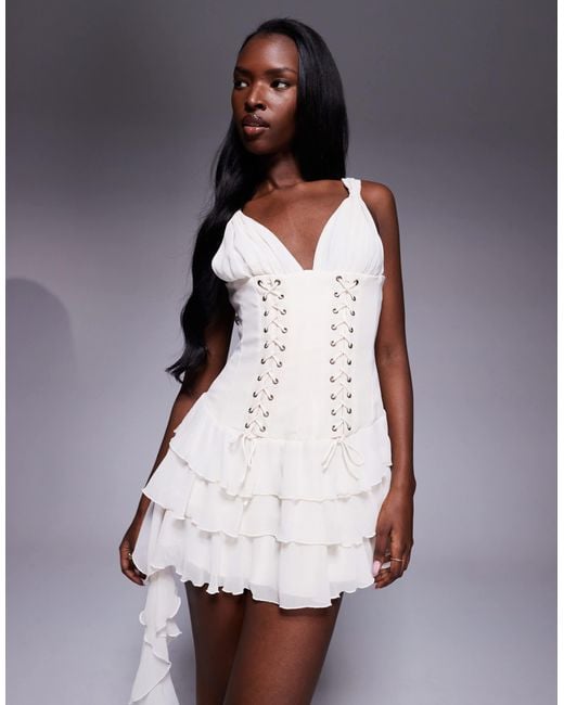 Oh Polly Women's Purple Toren Lace Up Front Ruffle Mini Dress