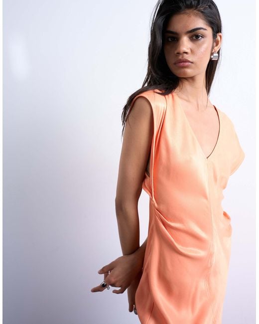 TOPSHOP Red Deep V Tucked Side Satin Maxi Dress