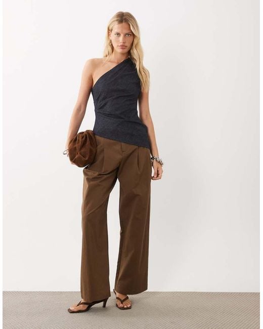 Mango Blue Noah Denim One Shoulder Asymmetric Sleeveless Top