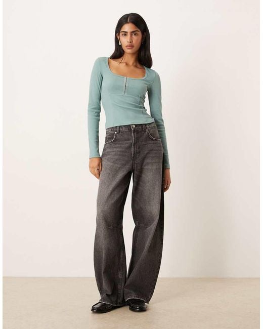 ASOS Top Met Lage Ronde Hals, Lange Mouwen En Naaddetail in het Green