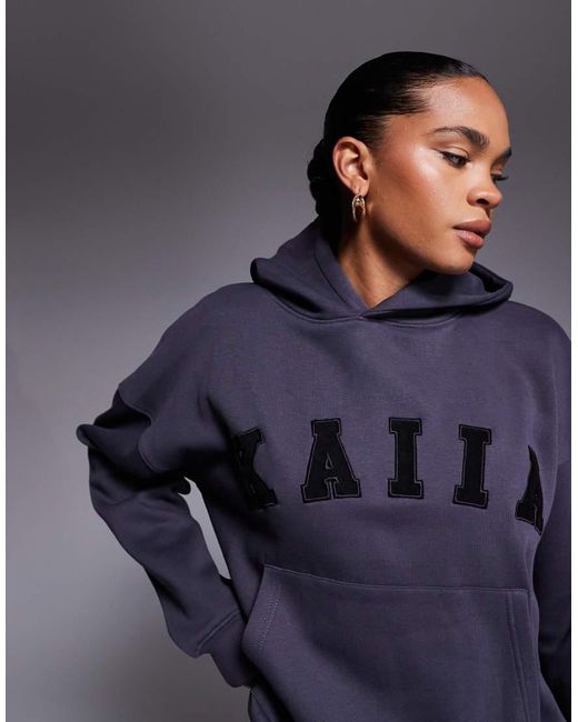 Kaiia Blue Cotton Blend Logo Oversized Hoodie