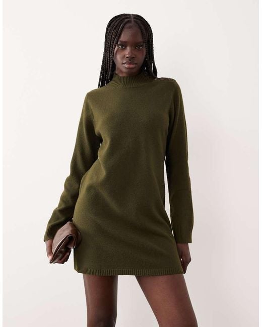 Mango Green Button Detail Long Sleeve Knitted Mini Dress