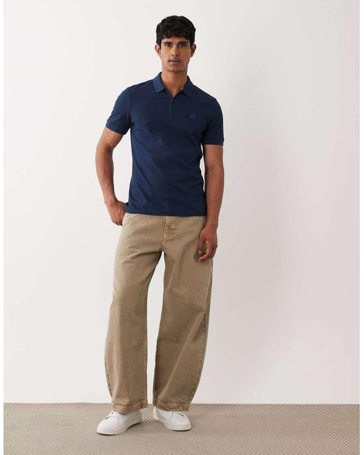 Boss Blue Passerzip Pique Polo Shirt for men