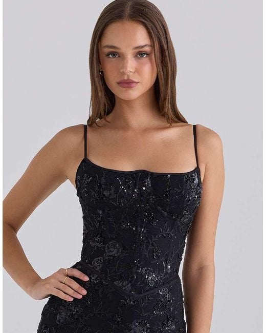 House Of Cb Black Naima Hand Beaded Embellished Corset Mini Dress
