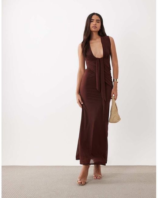 ASOS Purple Stretch Chiffon Scarf Detail Plunge Draped Maxi Dress