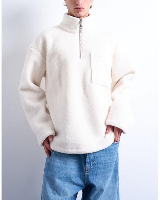 Topman White 1/4 Zip Borg Sweatshirt for men