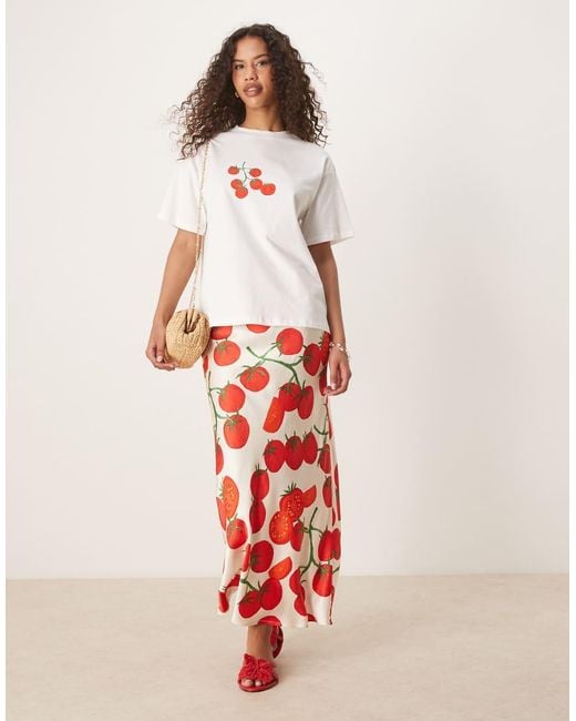 Never Fully Dressed White Tomato Print Satin Maxi Skirt Co-ord