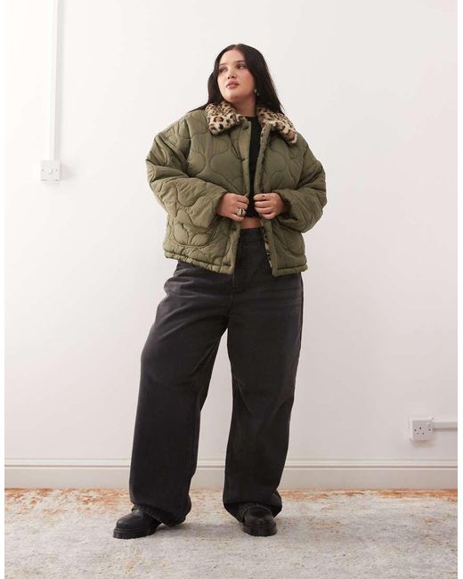 Noisy May Green Faux Fur Leopard Collar Detail Quilted Coat