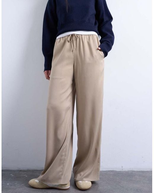TOPSHOP Blue Satin Tie Waist Wide Leg Trouser