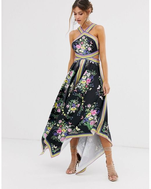 ASOS Multicolor Dark Scarf Print Halter Midi Dress With Cutout Sides
